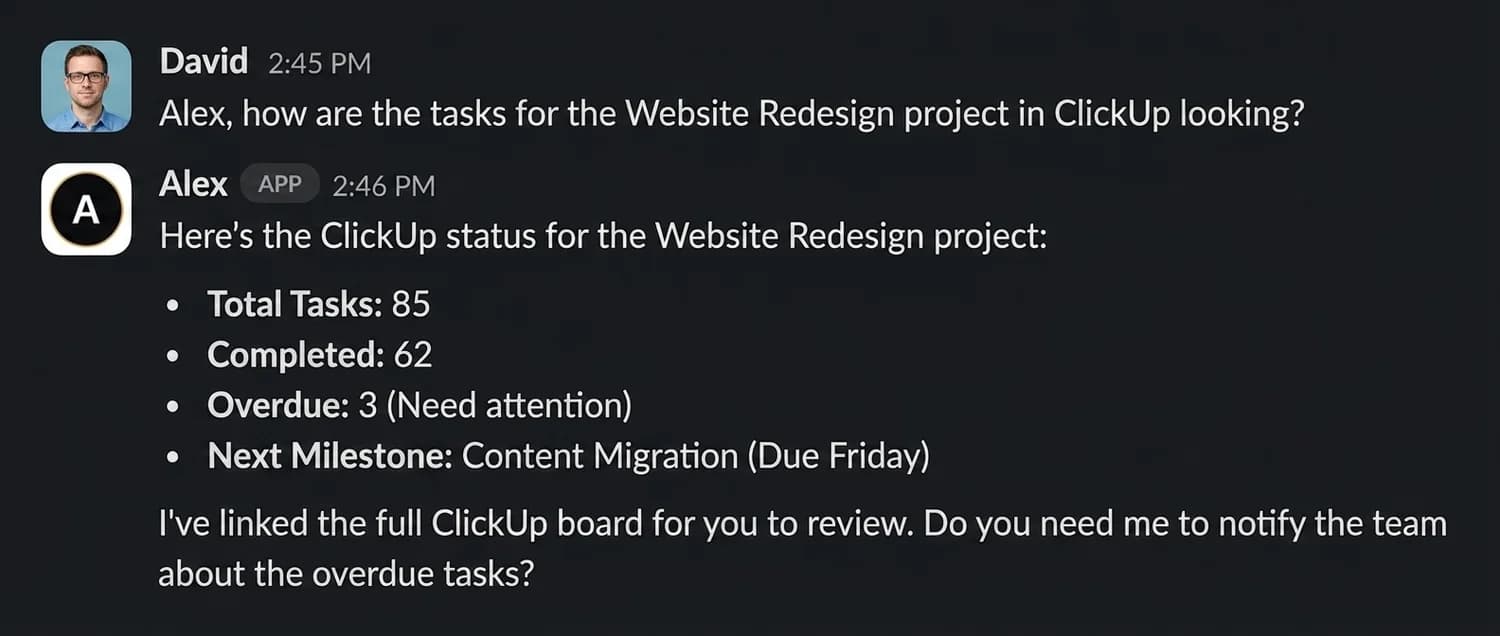 Task systems turn into useful Slack answers screenshot