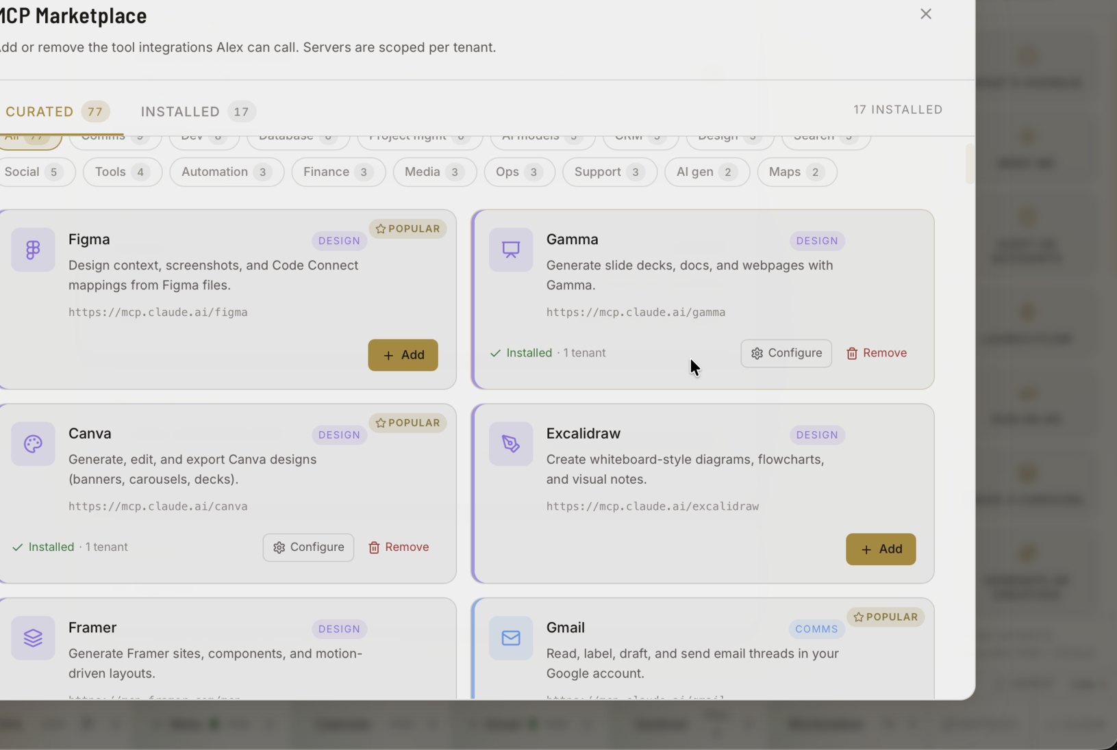 Alex's MCP integration marketplace showing 77 curated tools and 17 installed, including Figma, Gamma, Canva, Excalidraw, Framer and Gmail, each addable or removable per tenant.