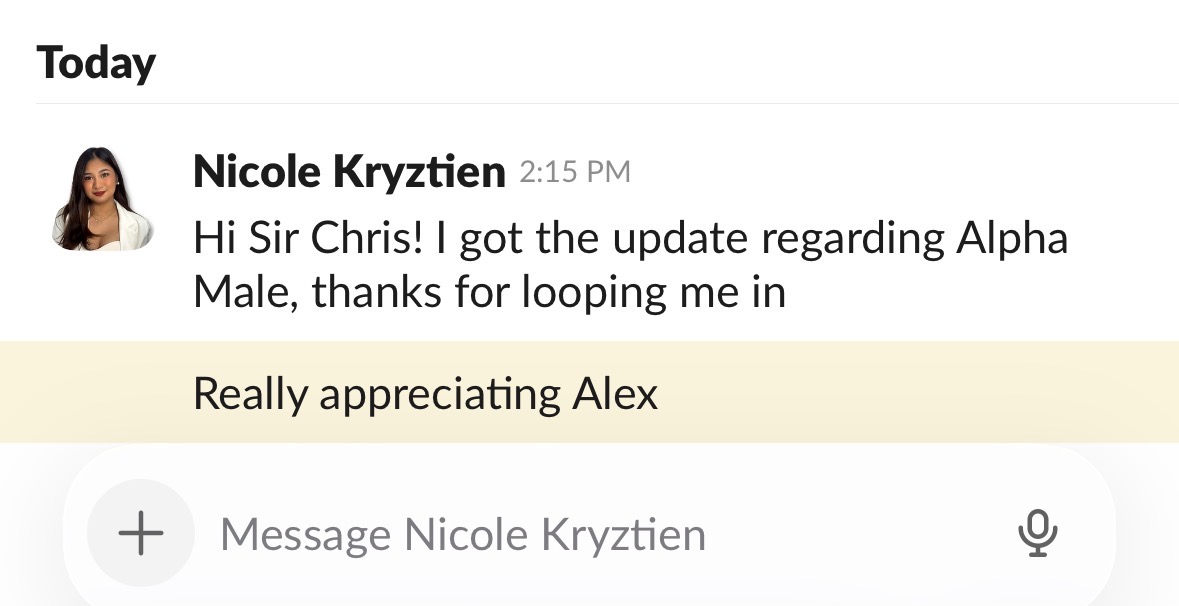 Slack message from teammate Nicole: Hi Sir Chris! I got the update regarding Alpha Male, thanks for looping me in. Really appreciating Alex.